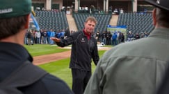 Barney Lopas, field/ground maintenace manager for the Los Angeles Angels of Anaheim, discusses his techniques for game day prep. Sports turf professionals attended the Keep America Playing Sports Turf Field Day at Tempe Diablo Stadium in Tempe, Ariz., on December 4.  