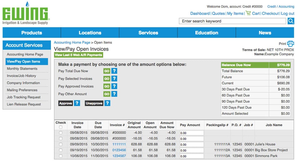 Ewing account section with invoices